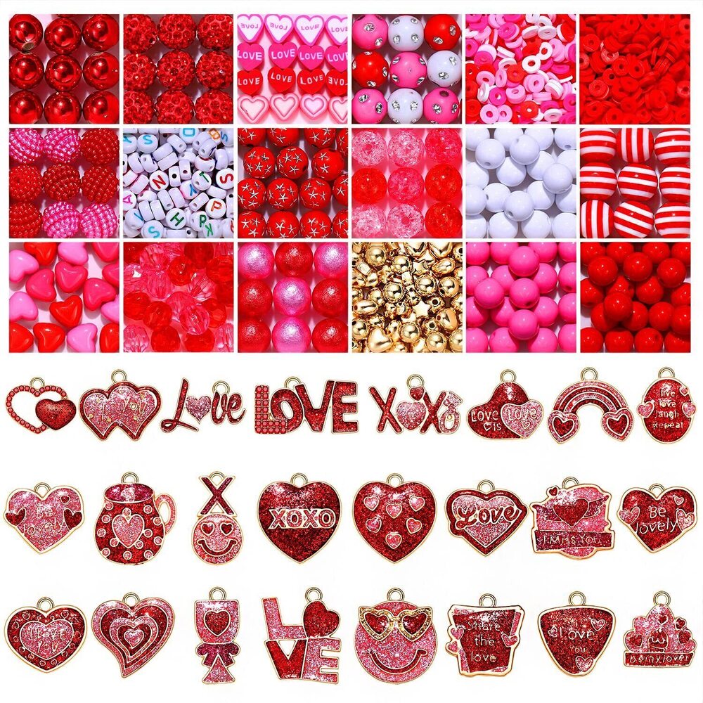 3826 1000 Pieces+ Valentine's Day Enamel Heart Charms & Clay Beads - Bulk